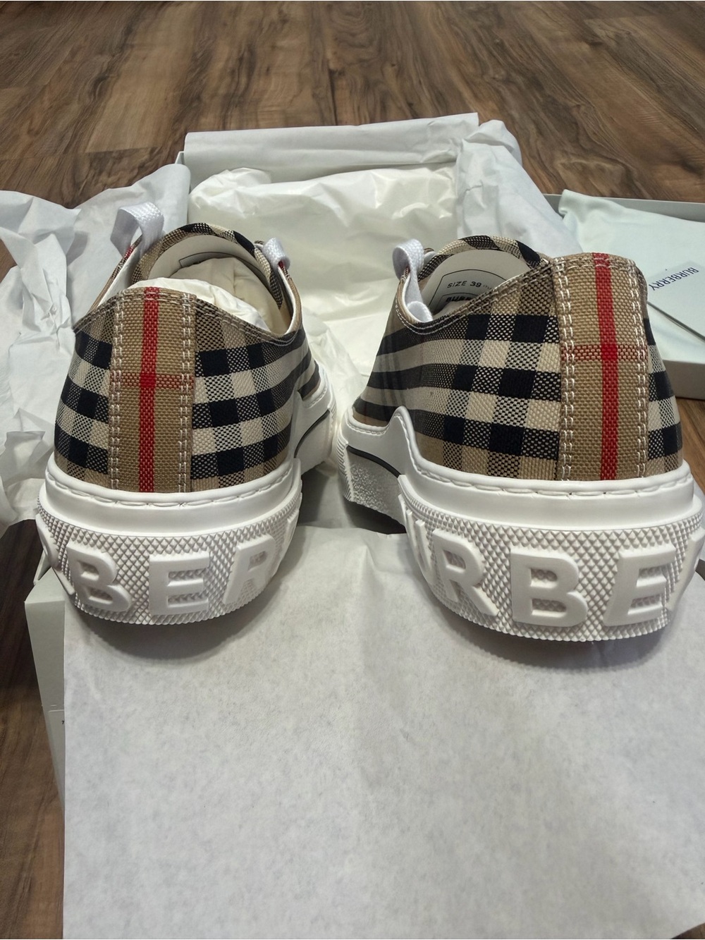 Burberry Plaid Low-Top Sneakers in Beige, Black & Red - Picture 5 of 7